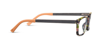 Eyeglasses with a unique frame design on a white background