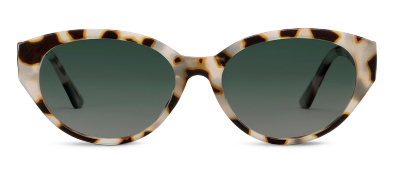 Sunglasses with tortoiseshell frame and dark lenses on a white background