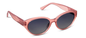 Sunglasses with pink frame and dark lenses on a white background