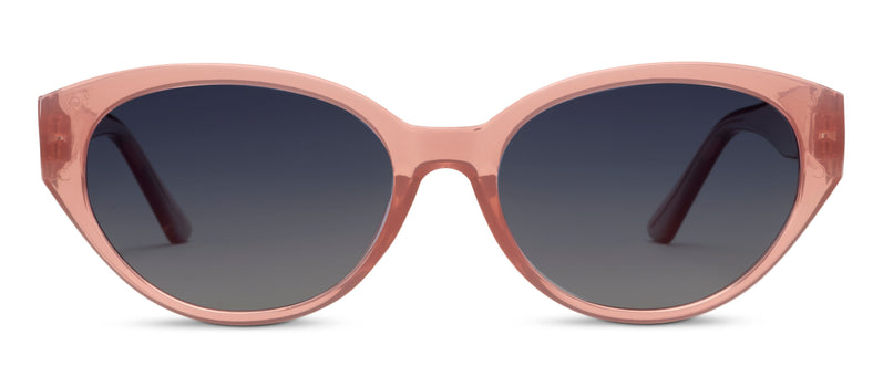 Sunglasses with pink frame and dark lenses on a white background