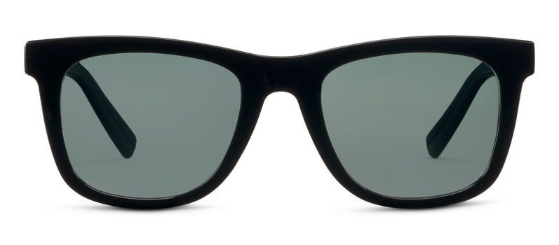 Black sunglasses with dark lenses on a white background