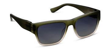 Sunglasses with green frame and dark lenses on a white background
