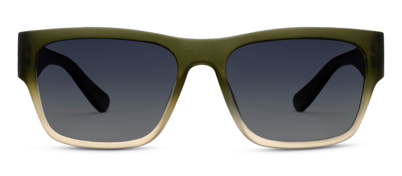 Sunglasses with green frame and dark lenses on a white background