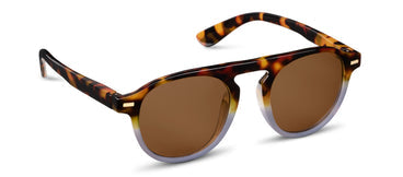 Sunglasses with tortoiseshell frame and brown lenses on a white background