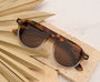 Tortoiseshell sunglasses with brown lenses on a stone surface with palm leaves.