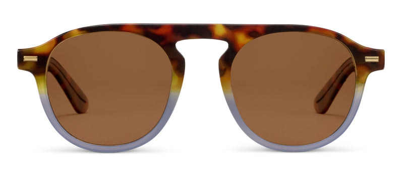 Sunglasses with tortoiseshell frame and brown lenses on a white background
