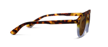 Sunglasses with tortoiseshell frame and dark lenses on a white background