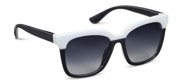 Sunglasses with black and white frame and black lenses on a white background