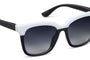 Sunglasses with black and white frame and black lenses on a white background