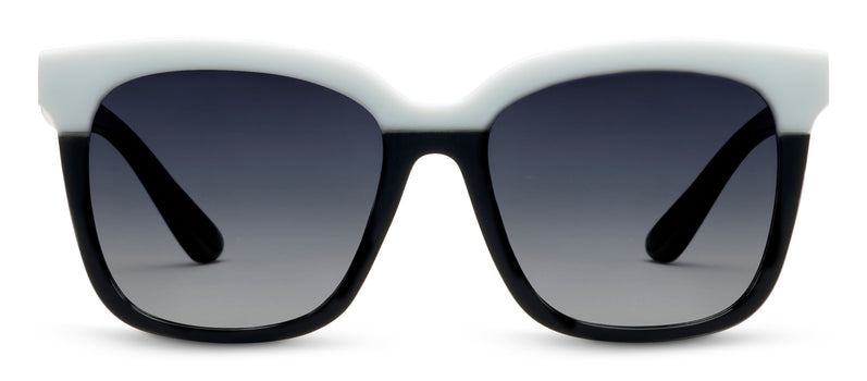 Sunglasses with black and white frames and gradient lenses on a white background