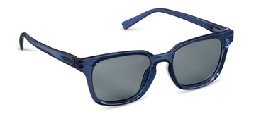 Blue sunglasses with dark lenses on a white background