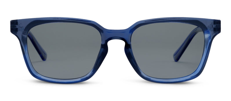 Blue sunglasses with dark lenses on a white background