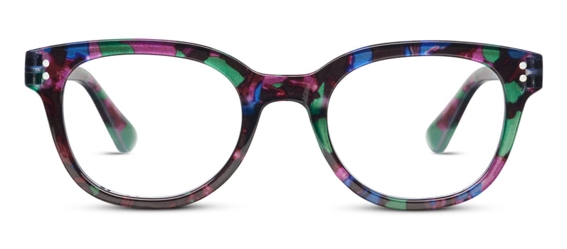 Multicolored eyeglass frames on a white background