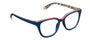 Blue eyeglasses with colorful frame on a white background