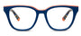 Blue eyeglasses with orange accents on a white background