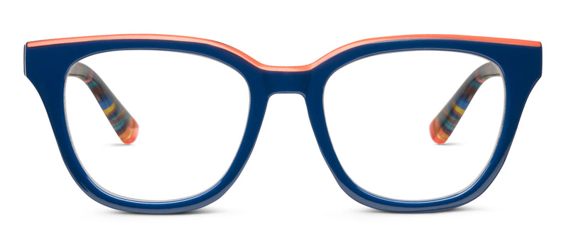 Blue eyeglasses with orange accents on a white background
