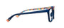 Blue eyeglasses with colorful pattern on a white background