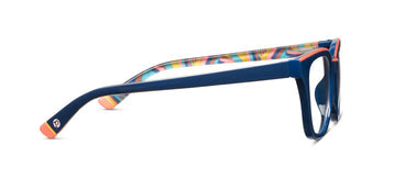 Blue eyeglasses with colorful pattern on a white background