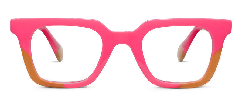Pink and brown eyeglasses on a white background