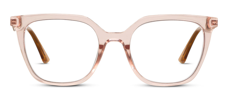 blush Clear cat-eye glasses on a white background