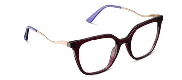 Pair of eyeglasses with a dark frame and blue arms on a white background
