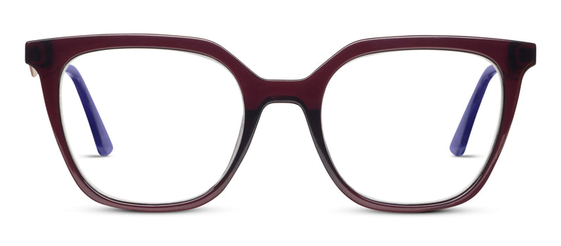 Pair of eyeglasses with a maroon frame on a white background
