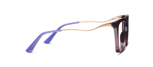 Eyeglasses with purple arms and a dark frame on a white background