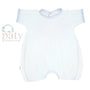 Baby romper with light blue and white striped pattern on a white background, featuring the Paty brand.