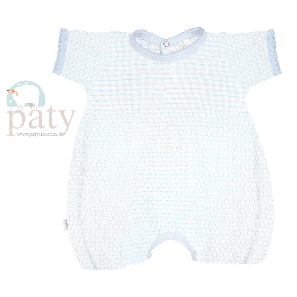 Baby romper with light blue and white striped pattern on a white background, featuring the Paty brand.