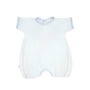 Baby romper with blue and white pattern on a white background