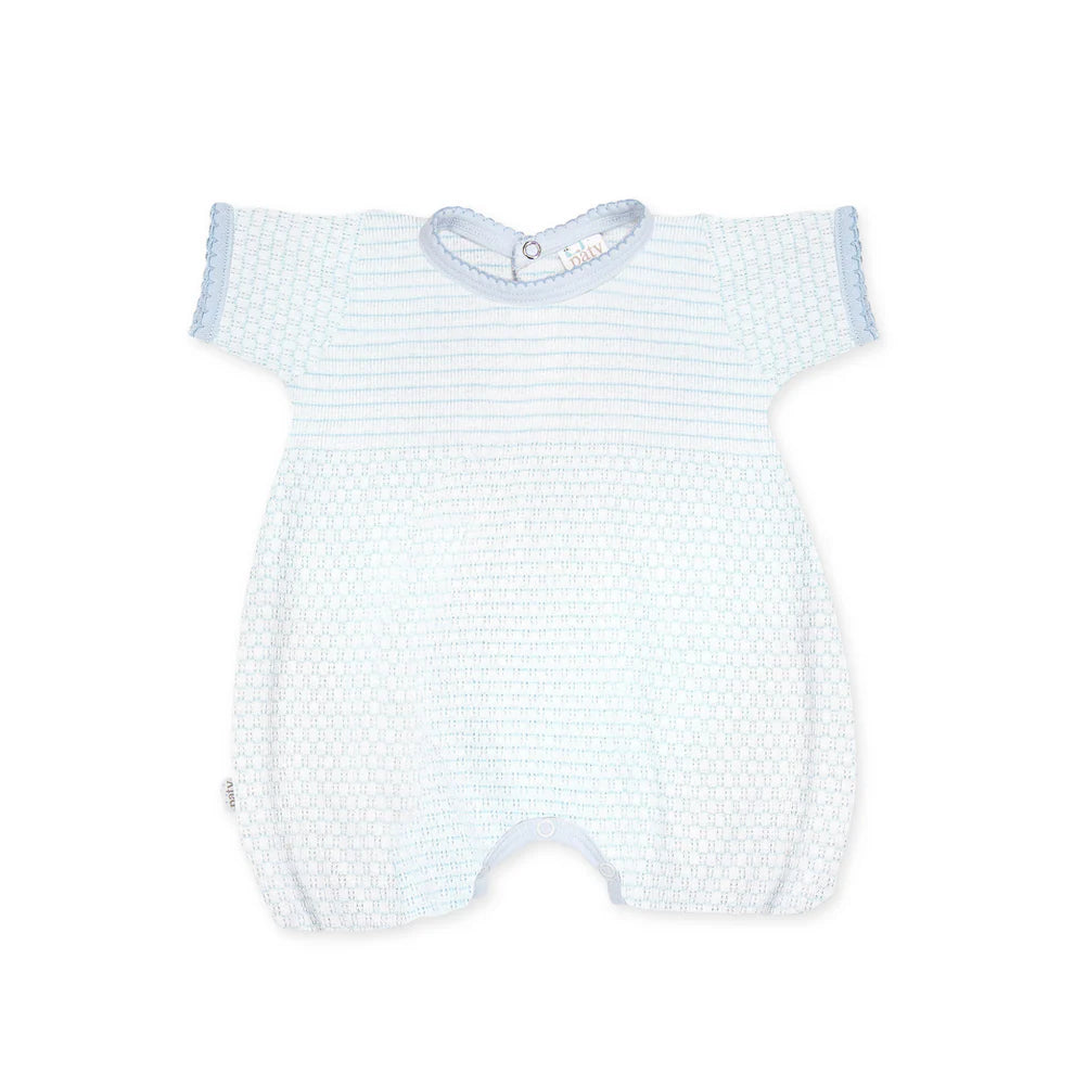 Baby romper with blue and white pattern on a white background