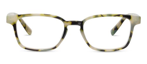 Eyeglasses with a yellow tortoiseshell frame on a white background