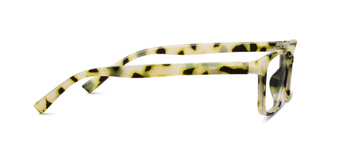 Eyeglasses with a yellow tortoiseshell frame on a white background