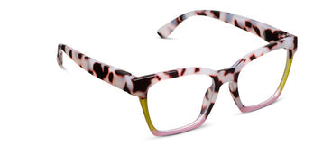 Eyeglasses with a patterned frame on a white background