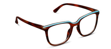 Brown eyeglasses with a blue detail on a white background