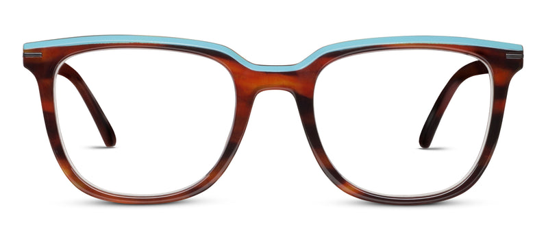 Eyeglasses with a tortoiseshell frame and blue top section on a white background