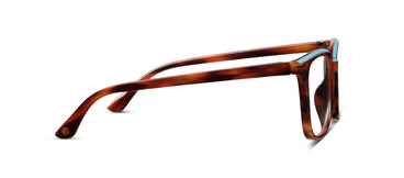Brown tortoiseshell eyeglass frame with blue detail on a white background
