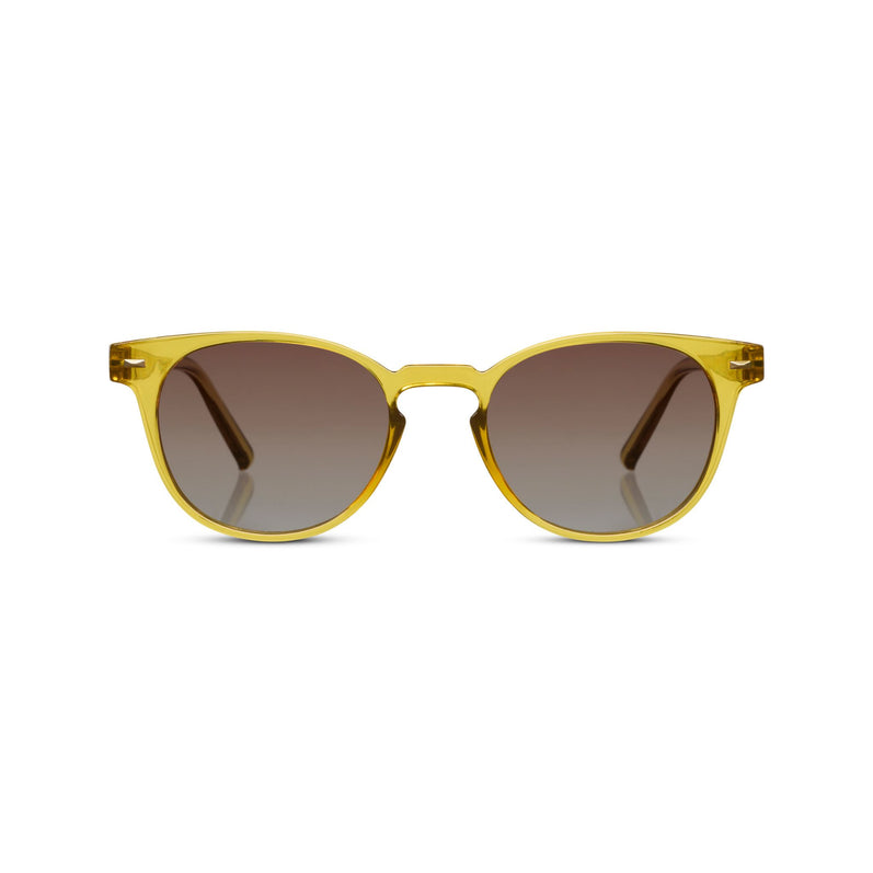 Yellow sunglasses with brown gradient lenses on a white background