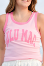 Girls' light pink sleeveless tank top with bubblegum pink trim and large front lettering