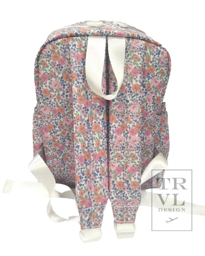 Floral-patterned backpack with visible branding on a white background