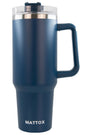 Blue insulated travel mug with handle on a white background, featuring the brand 'MATTOX'.