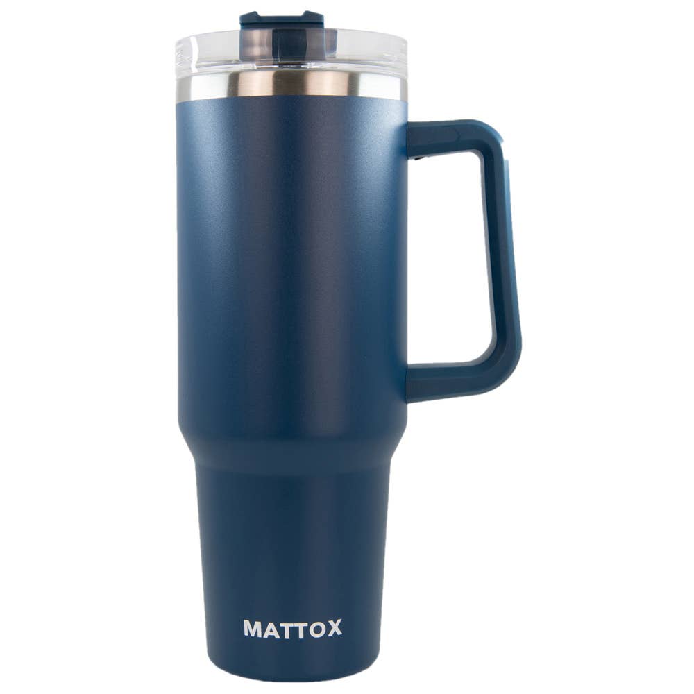 Blue insulated travel mug with handle on a white background, featuring the brand 'MATTOX'.