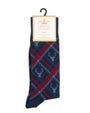Plaid antler deer socks in Navy/Red/Green with Royal Standard Card attached and black hook on white background