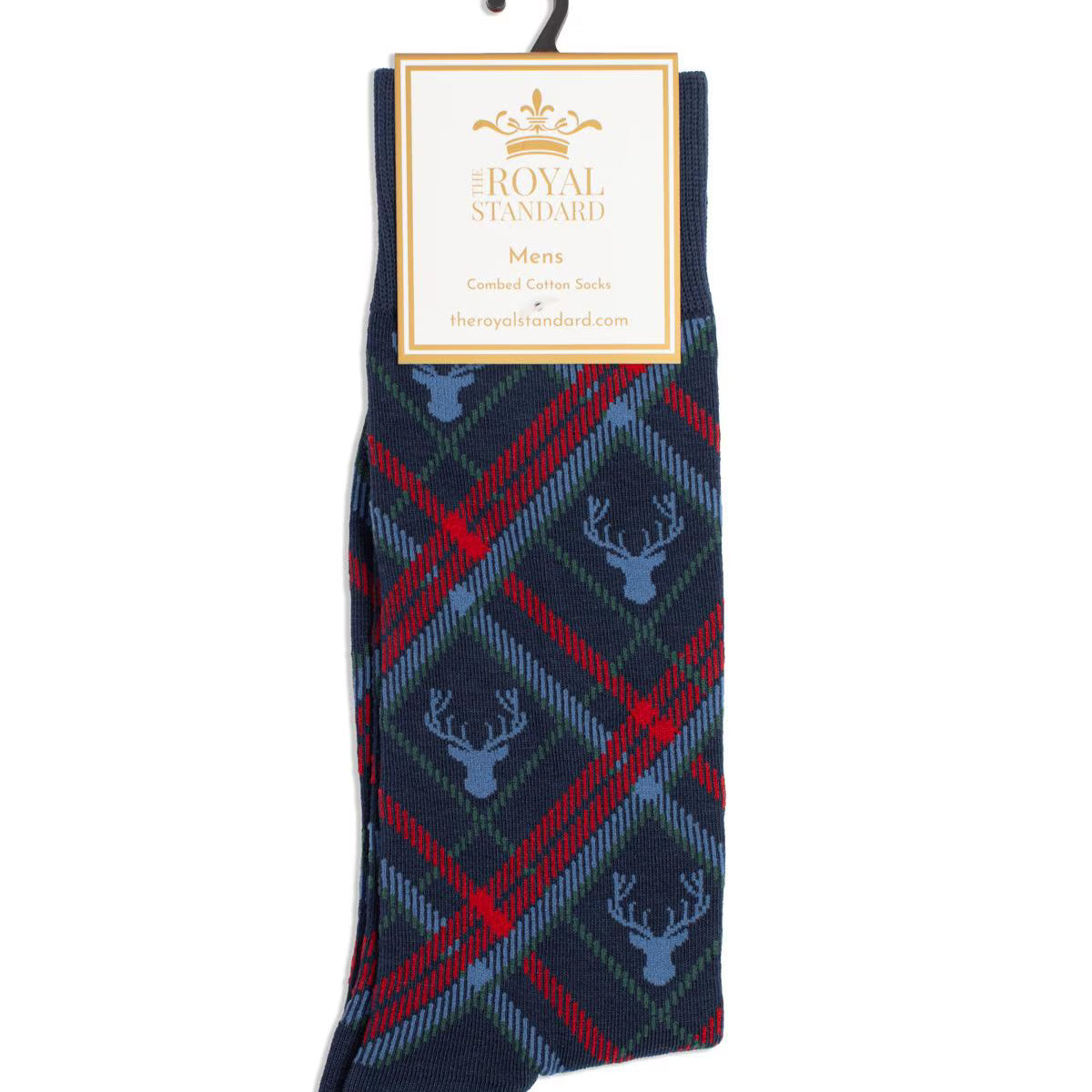 Plaid antler deer socks in Navy/Red/Green with Royal Standard Card attached and black hook on white background