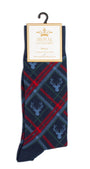 Plaid antler deer socks in Navy/Red/Green with Royal Standard Card attached and black hook on white background
