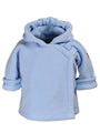 Light blue baby jacket with a hood on a white background