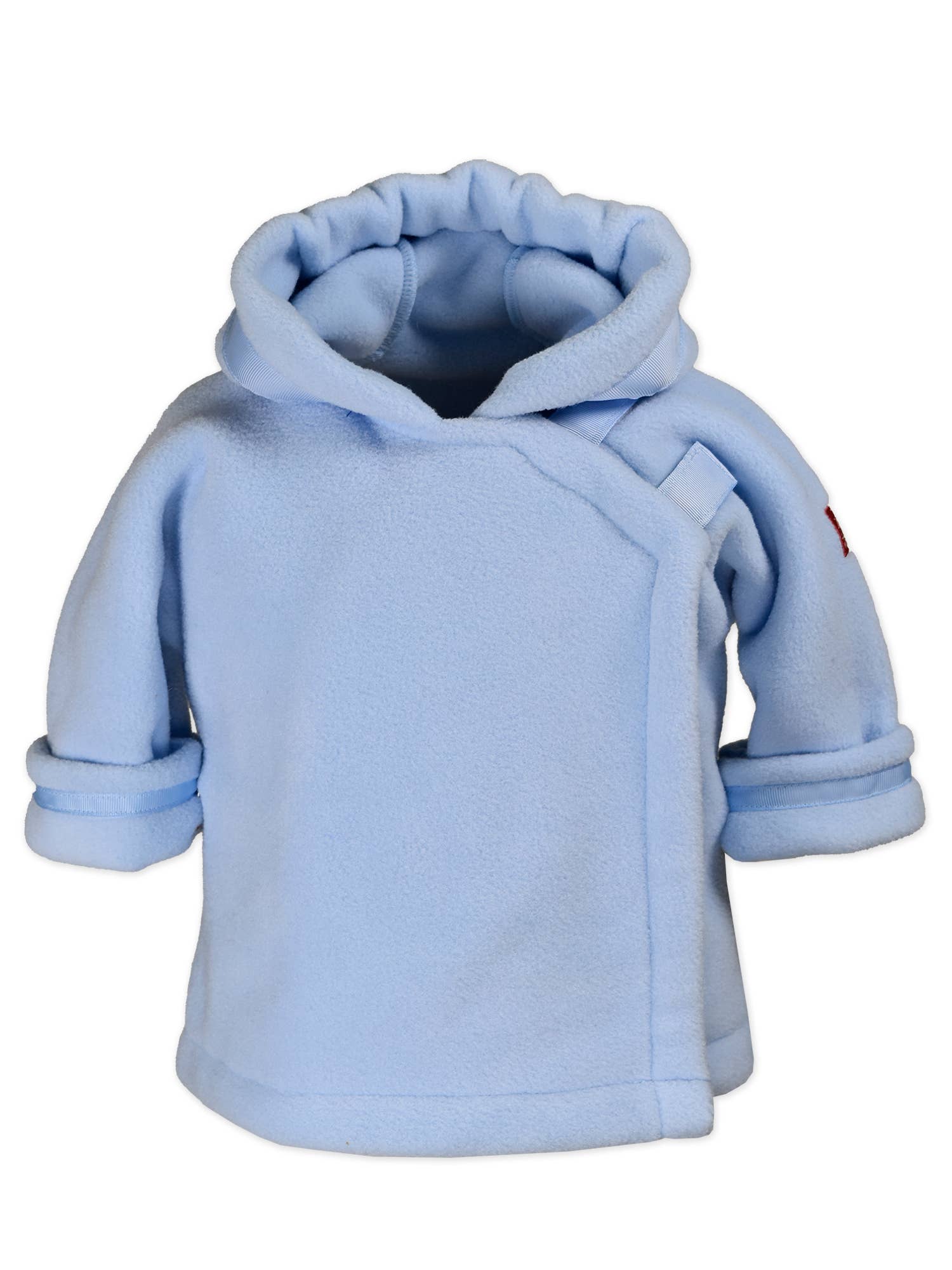 Light blue baby jacket with a hood on a white background