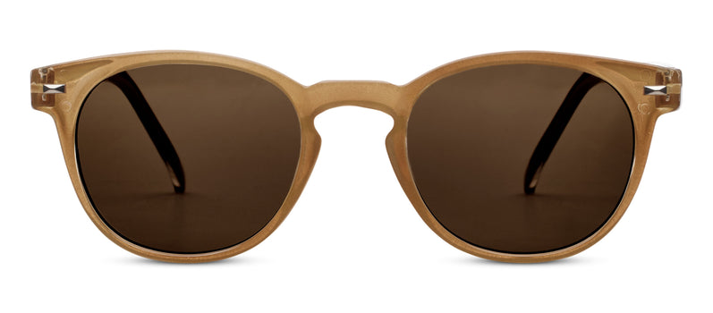 Brown sunglasses with dark lenses on a white background