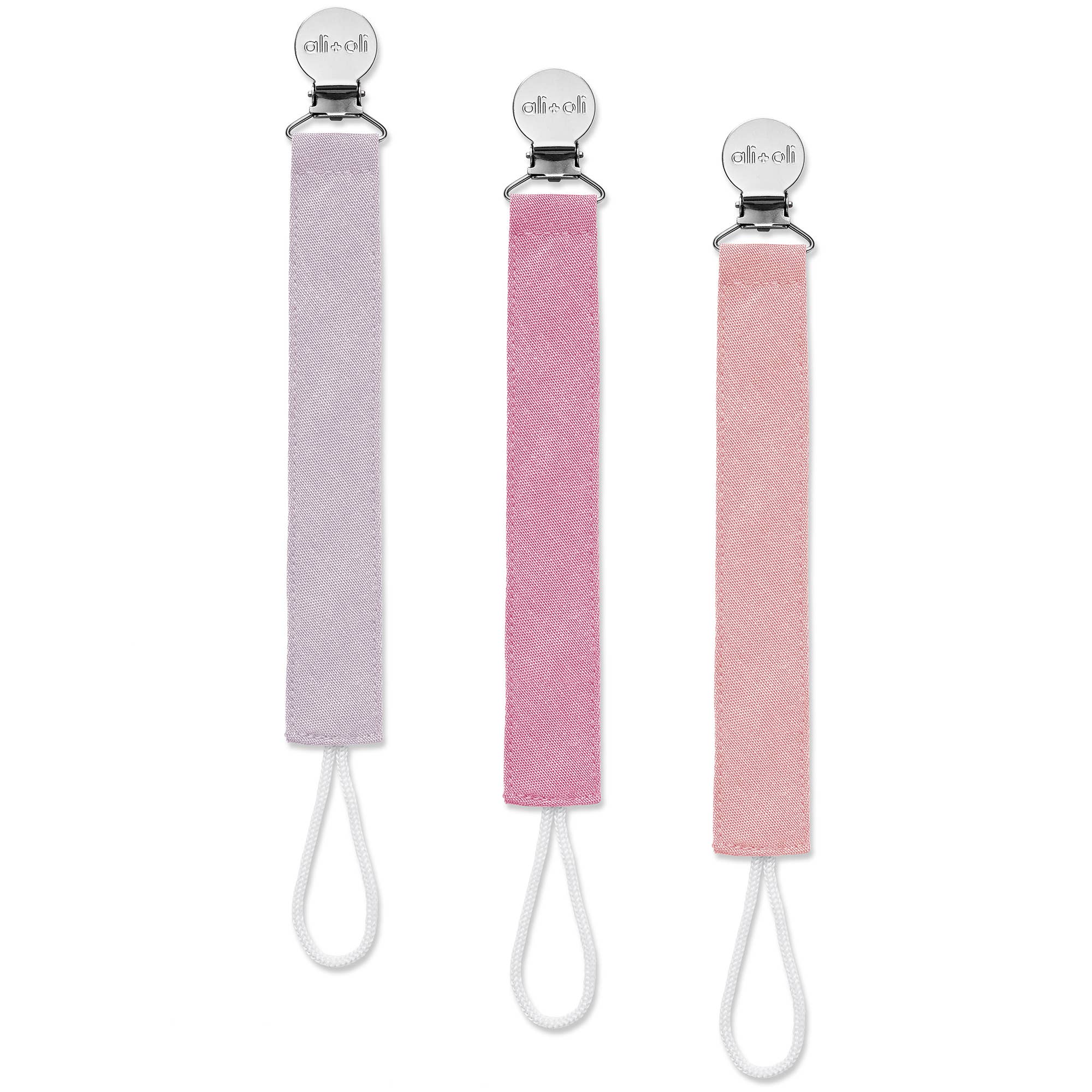 Set of 3 linen pacifier clips: lavender, pink, and peach with metal clasps and ties