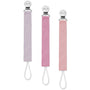 Set of 3 linen pacifier clips: lavender, pink, and peach with metal clasps and ties
